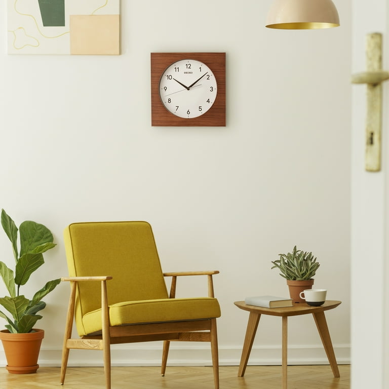 Seiko Rylie Square Modern Wooden Wall Clock, Quiet Sweep, Brown