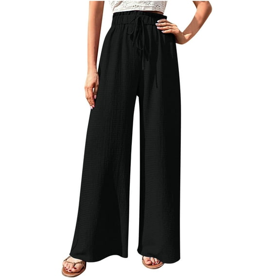 LMOIPLI Women's Vintage Palazzo Beach Pants Wide Leg Pants Plain Color Fashion Summer Clothes Palazzo Beach Pants Elastic Waist Slack Lightweight Long Pants Dressy Flowy Pant Black M