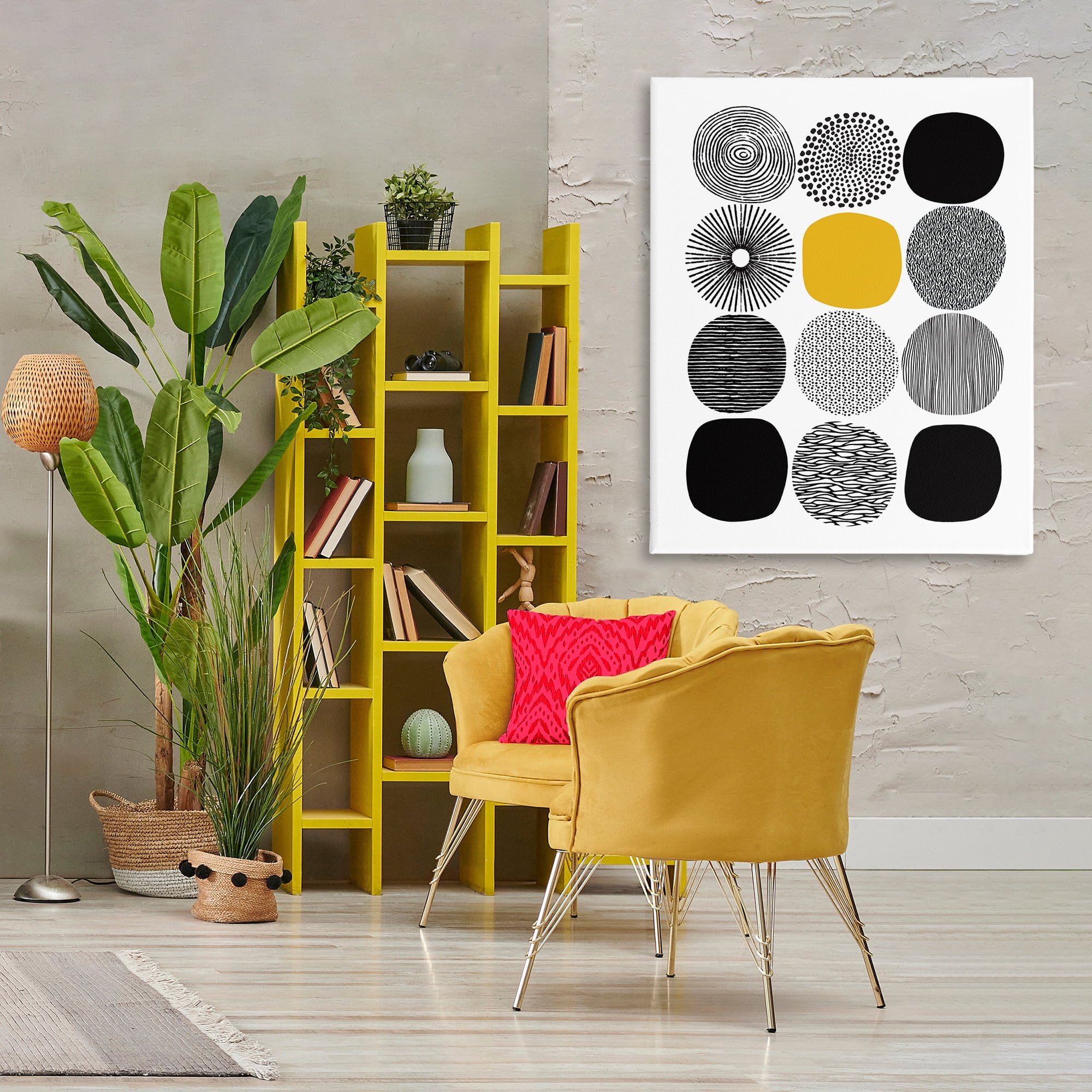 Stupell Industries Patterned Circles Yellow Accent Abstract Painting Gallery Wrapped Canvas Art Print Wall Art, 36 x 48