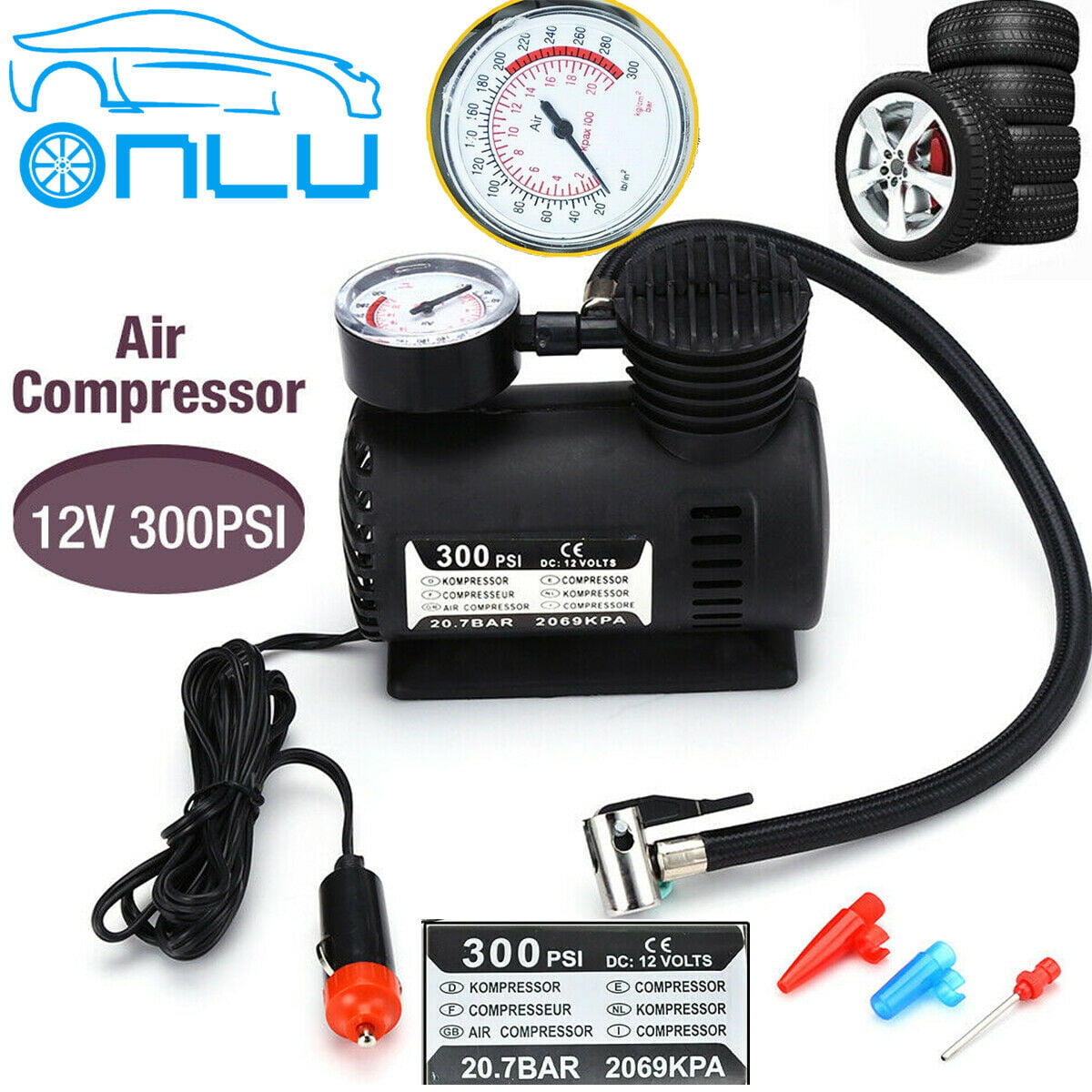 Car Electric Air Pump 300PSI Air Compressor Portable Tire Inflator For Car Bike 