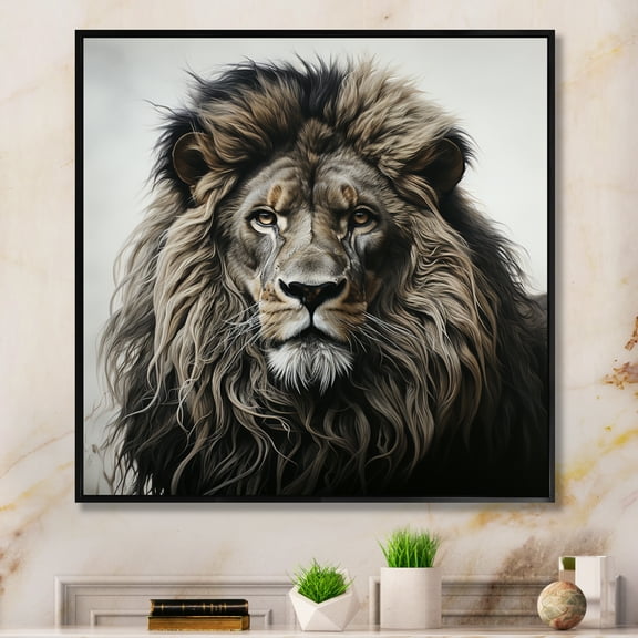 Designart "Majestic Vintage Lion Art I" Animals Framed Wall Art - Traditional Brown Lion Bedroom Framed Canvas Wall Art