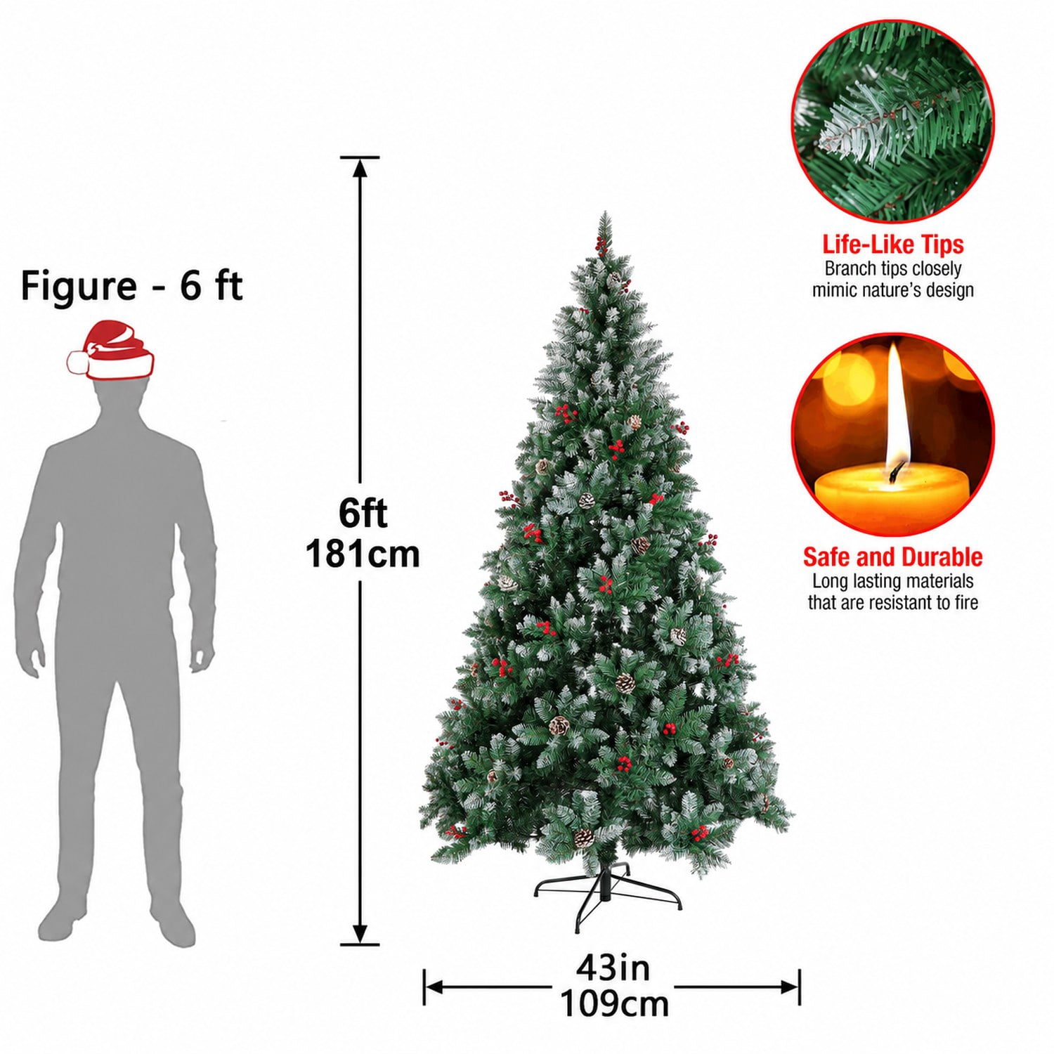6ft Artificial Christmas Tree with 150 LED Lights, Army Green, 750 Branch Tips, Metal Hinges & Foldable Base