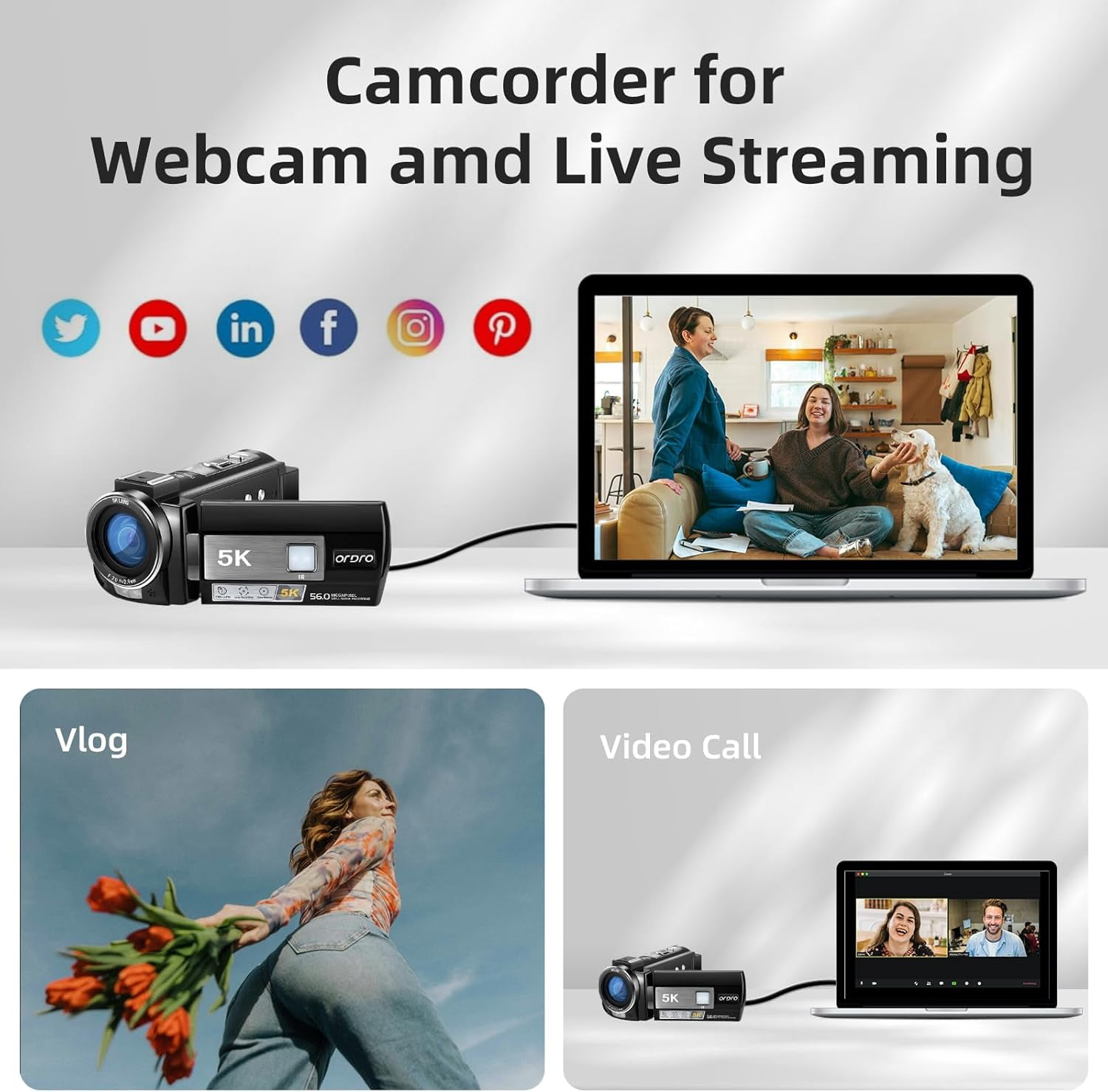 ORDRO 5K Video Camera Camcorder 56MP IR Night Vision Vlogging Camera 18X Digital Zoom + Wide Angle