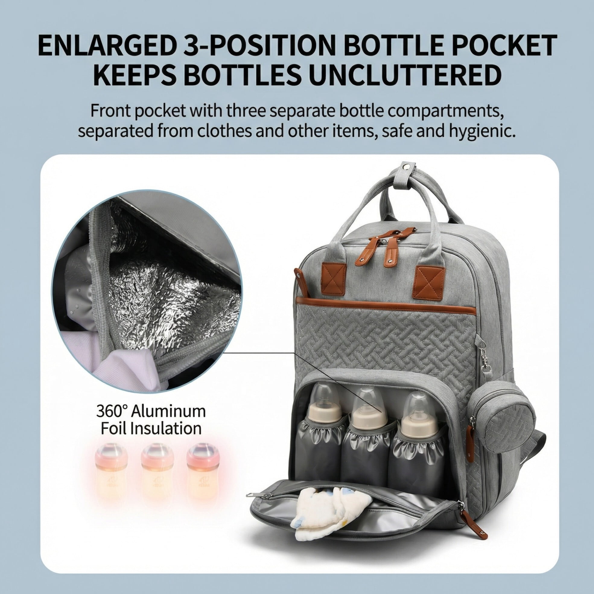 Baby diaper bag, with changing pad, multi-functional baby diaper bag, portable diaper bag, diaper bag storage bag, with insulated bottle bag, suitable for both boys and girls, gray.