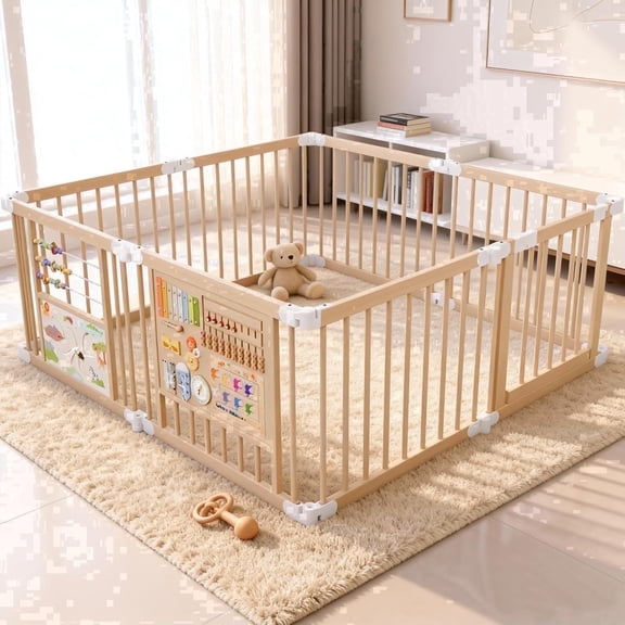 Foldable Wooden Baby Playpen with Gate & 2 Game Boards for Infant Girls & Boys,10  Toy Set,Adjustable Panel Play Yard Fence for Toddlers,63"x63"x24"