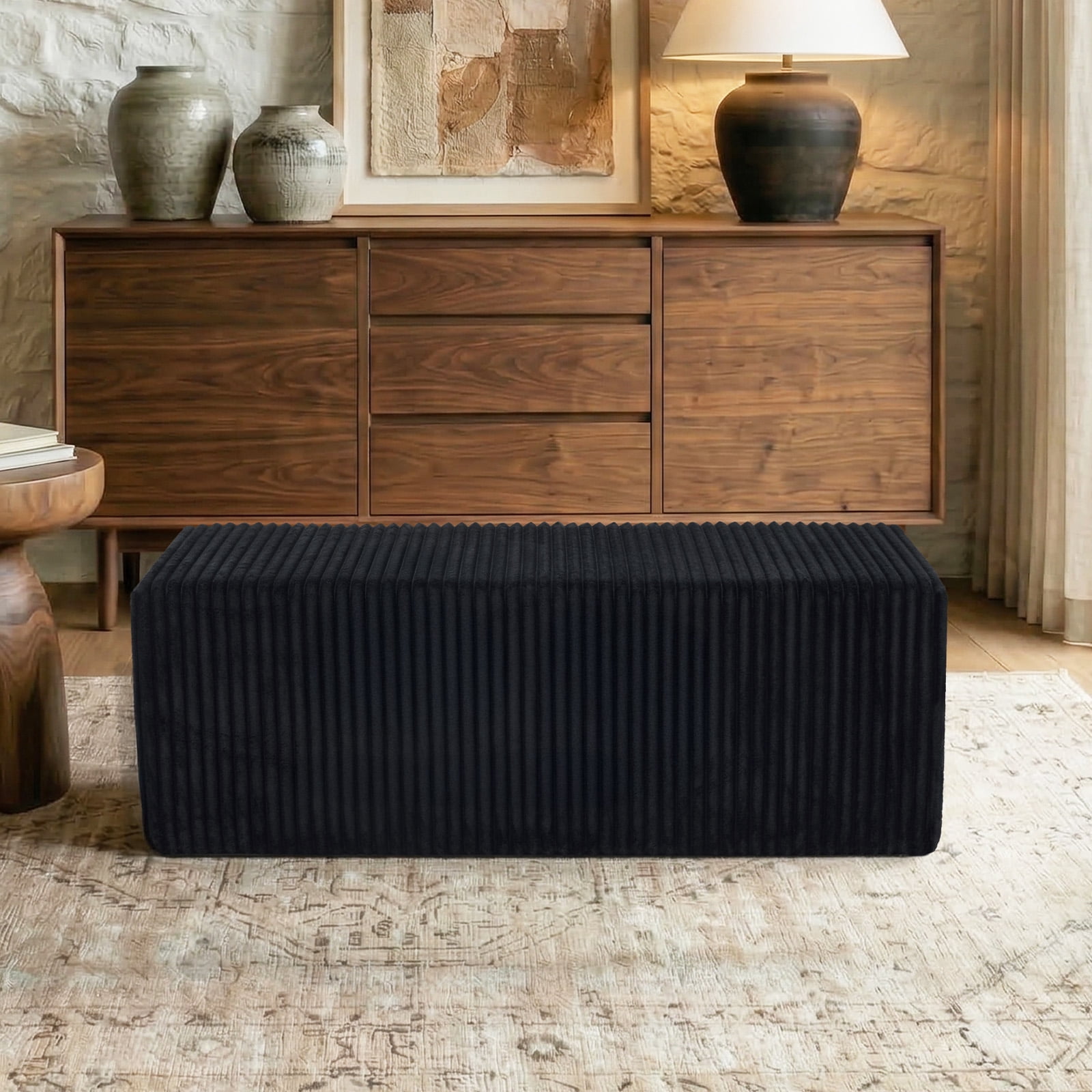 50.5" Oversized Rectangle Cloud Ottoman, Black Corduroy Upholstered Coffee Table & Extra Seating, Large Compressed Foam Floor Bench, No Assembly Required
