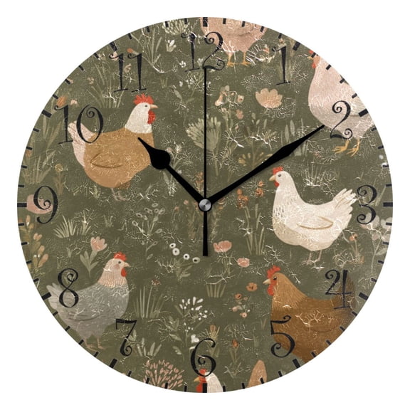 10" Artistic Round Wall Decorative Desk Clock Wall Clock Home Decor Chickens with Wildflowers and Grasses