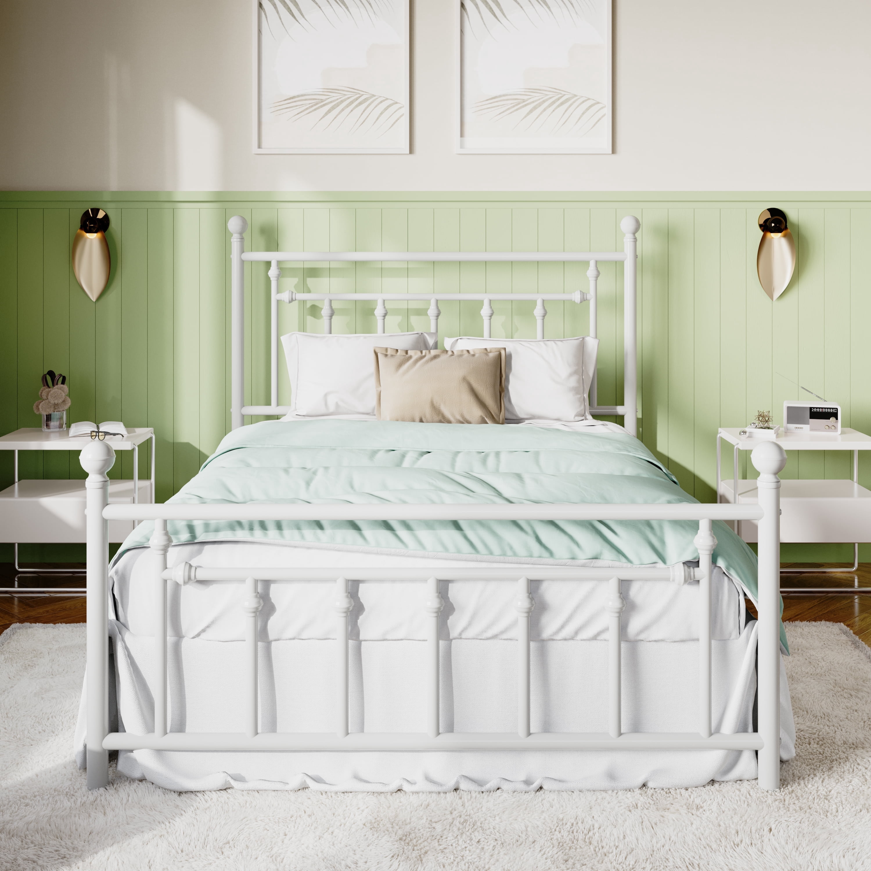 Sifurni Queen Size Metal Platform Bed Frame with Victorian Vintage Headboard, White