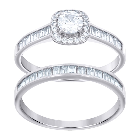 925 Sterling Silver Womens Baguette Round Cubic Zirconia Duo Bridal Ring Set Size 7 Ring for Women