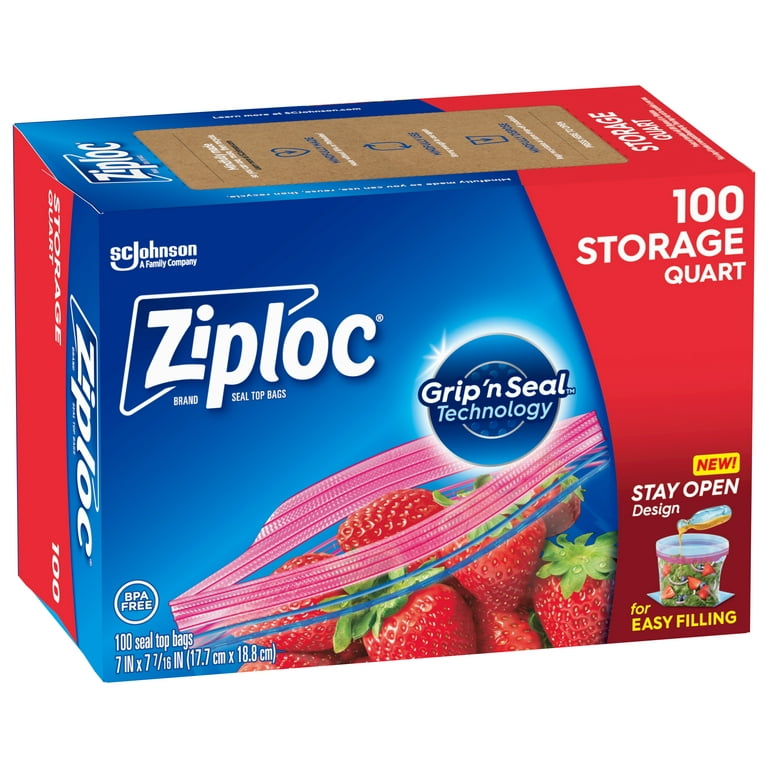 Ziploc® Brand Storage Bags With New Stay Open Design, Quart, 100