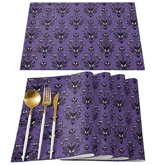 Placemats for Dining Table Set of 4, Halloween Haunted Mansion Design Table Mats Stain Resistant Heat Insulation Non-Slip Washable Table Decoration for Kitchen, Purple Black