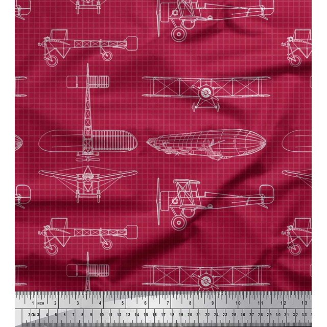 Soimoi Polyester Crepe Fabric Check & Airplane Transport Printed Fabric 1 Yard 42 Inch Wide