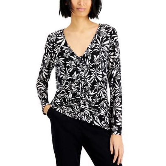 MSRP $55 International Concepts Printed Ruched-Front Top Black Size Petite Small