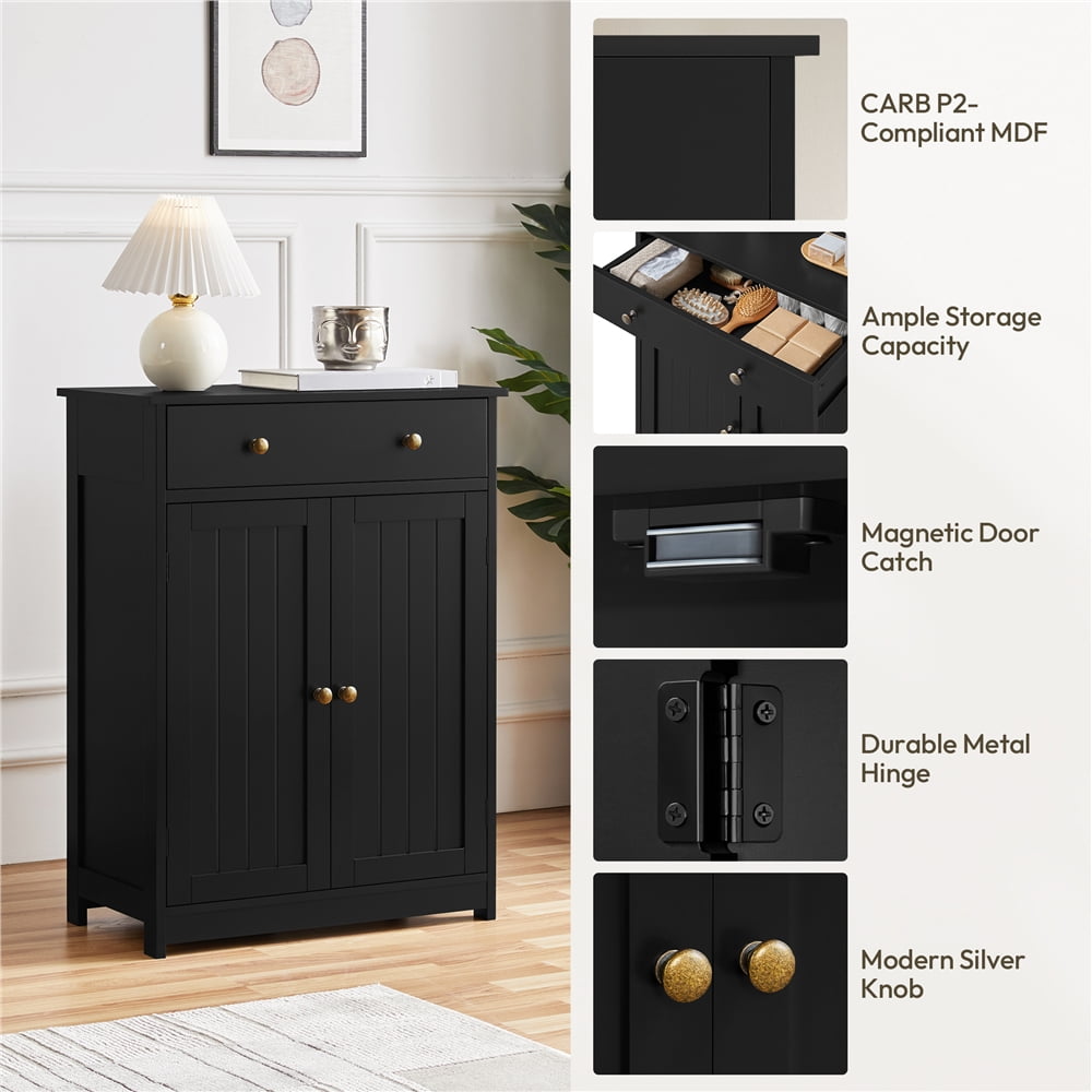 Yaheetech Modern Wooden Bathroom Floor Cabinet with Large Drawer & Double Doors, Black