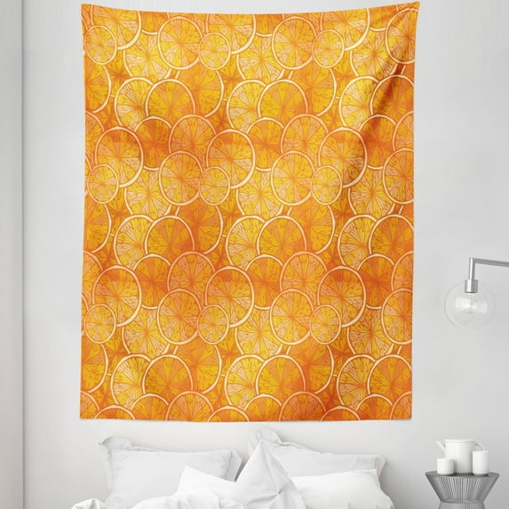 Tangerine Tapestry, Repeating Fruit Pattern with Round Slice of Oranges, Fabric Wall Hanging Decor for Bedroom Living Room Dorm, 5 Sizes, Dark Orange Pale Orange, by Ambesonne