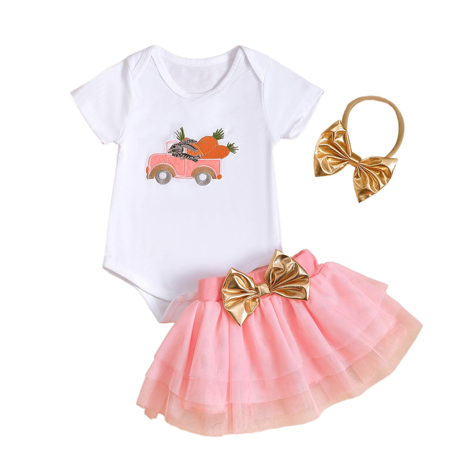 Jamsmile Toddler Girls Outfits Sets Easter Day Bunny Print Romper + Tulle Skirts + Hairband 3 Piece Baby Girls Princess Outfits