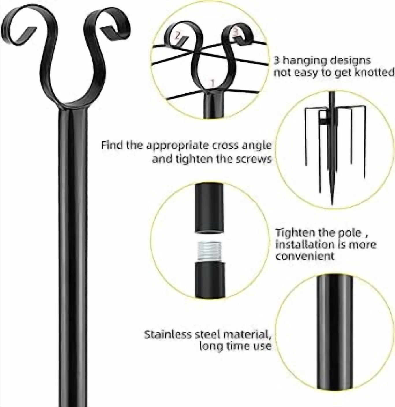 SNYNUXX New Upgrade String Light Poles, 4 Prong Christmas Light Hanging Pole, Portable Flag Pole for Yard Weather Resistant Poles for Outdoor String Lights, Black Christmas Light Pole (2 Pack)
