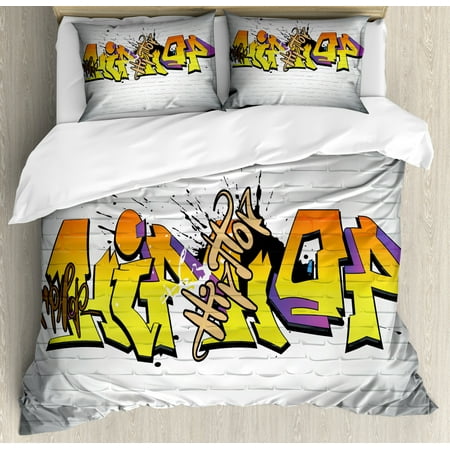 Hip Hop Queen Size Duvet Cover Set Funky Underground Various Hip