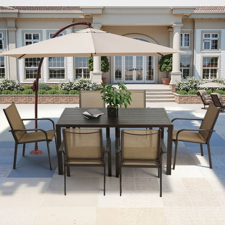 7 Piece Outdoor Dining Set, Patio Dining Table Set for 6 Persons, Garden Patio Textilene Dining Furniture Set with Plastic-Wood...