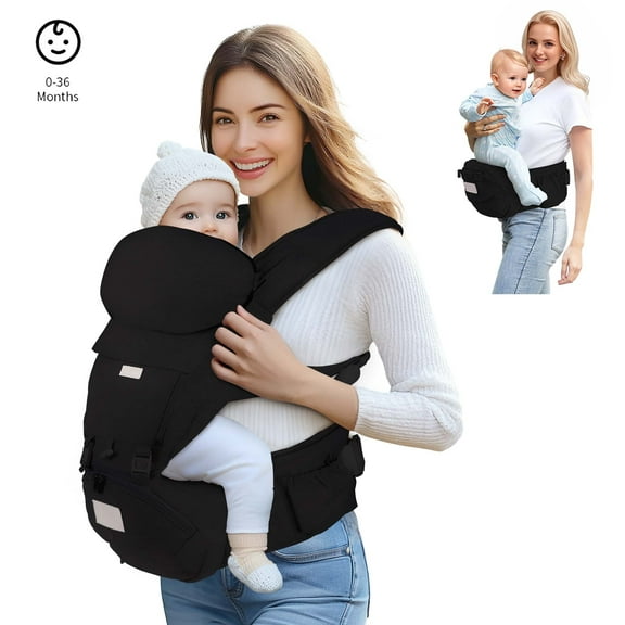 Scafild | 6-in-1 Baby Carrier with Waist Stool Hip Seat&Head Support for Breastfeeding Newborn Infant Toddler - Black