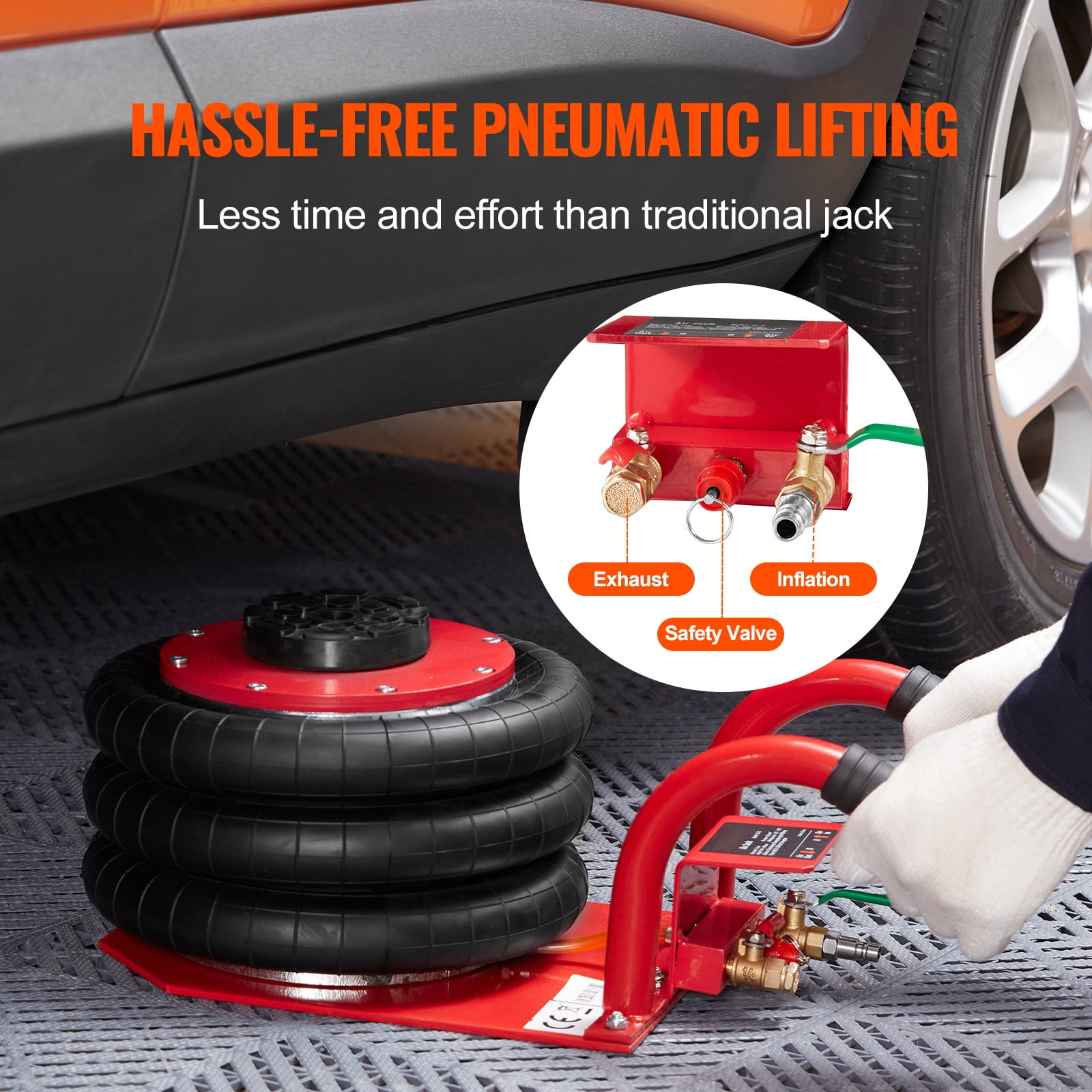 VEVOR Air Jack, 3 Ton/6600 lbs Triple Bag Air Jack, Airbag Jack with Six Steel Pipes, Lift up to 17.7 inch/450 mm, 3-5 s Fast Lifting Pneumatic Jack, with Short Handles for Cars, Garages, Repair