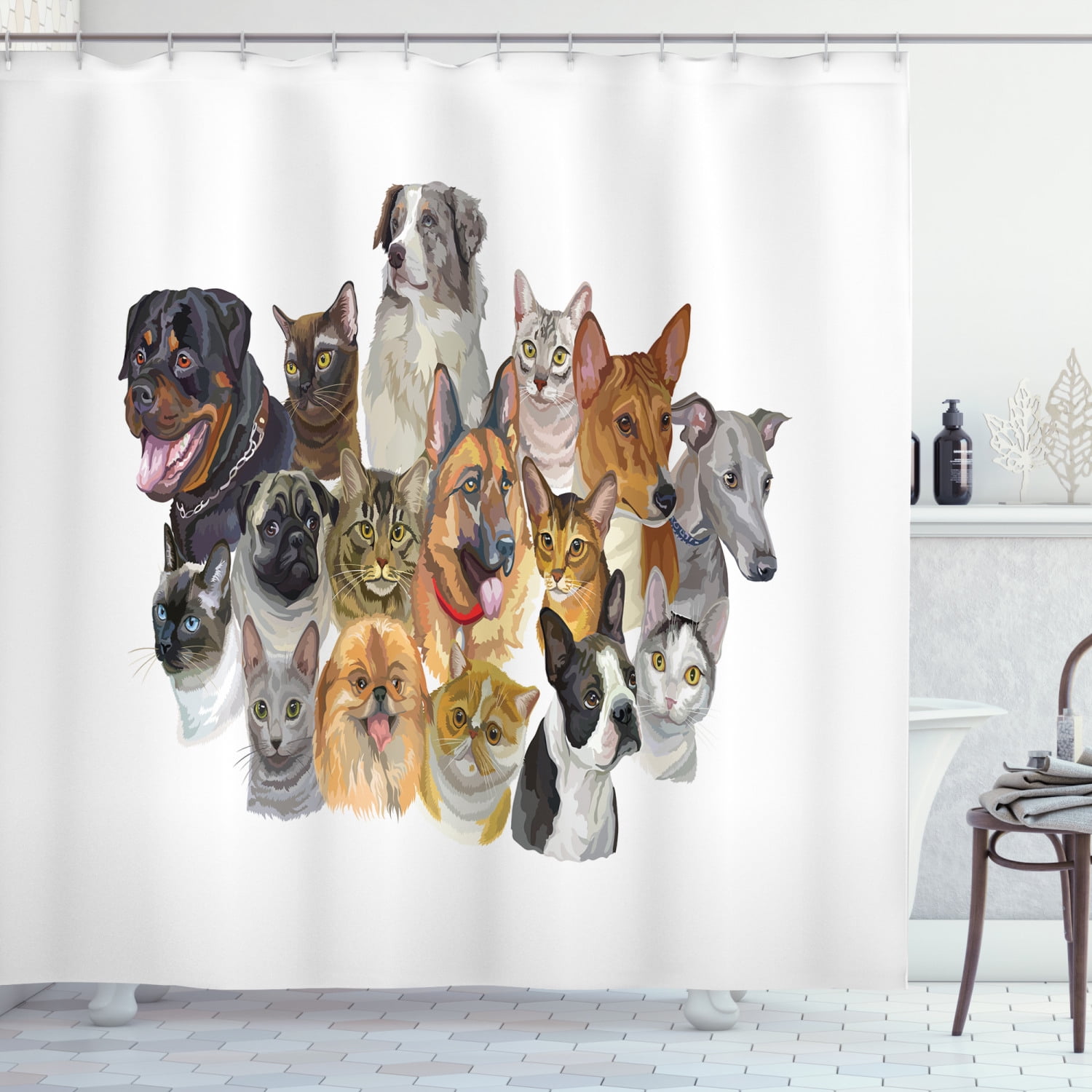 Cartoon Pet Dog Group 72" Polyester Waterproof Fabric Shower Curtain Set Hooks 
