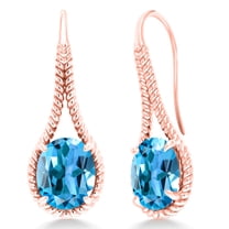 Gem Stone King 18K Rose Gold Plated Silver Swiss Blue Topaz Drop Dangle Earrings for Women | 12.60 Cttw | Gemstone November Birthstone | Oval 12X10MM | 1.18 inch