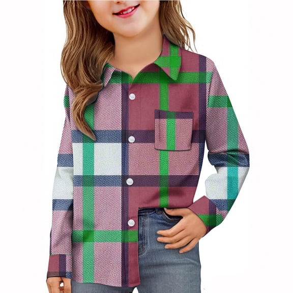 AUNVITO Boys & Girls Stretchy Checkered Long Sleeve School Shirt with Pockets, Casual Stylish Uniform Top for 6M-8Y