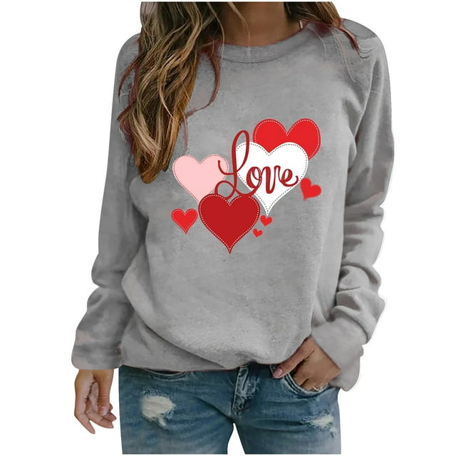 Amzcrzy Valentines Chandails de la Saint-Valentin pour Femmes Mode T-Shirt Graphique Cœur d'Amour Hauts Décontractés Confortables Col Rond Hauts de Printemps Été Classiques Polyvalents Manches Longues T-Shirts