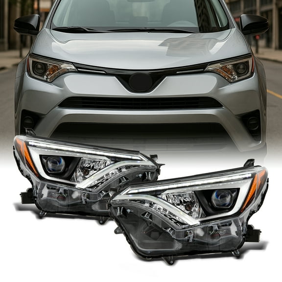AKKON - Fits 2016 2017 2018 Toyota Rav4 LED DRL Projector Chrome Headlights w/ Signal Light Bar Pair Driver Left Passenger Right