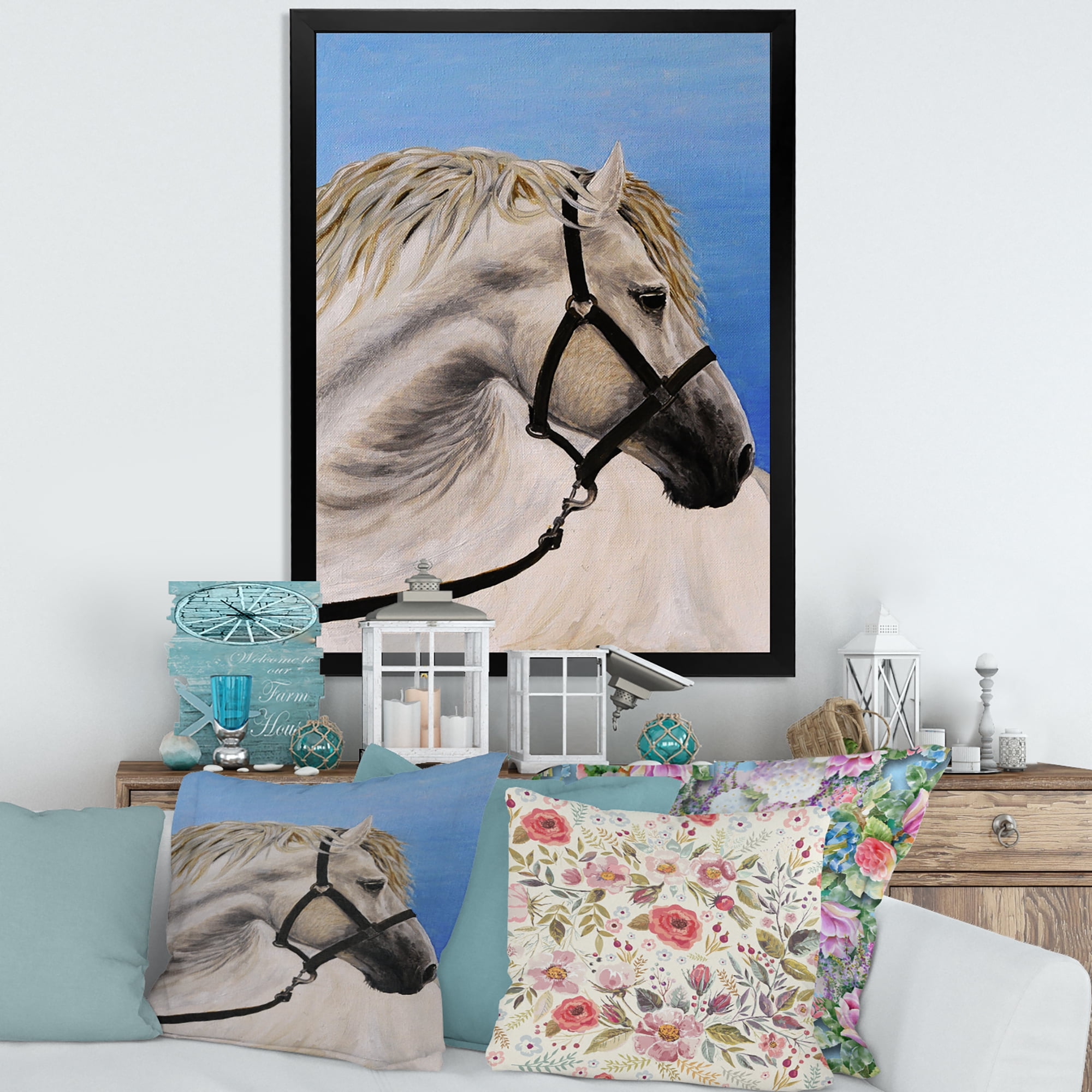 Designart 'Close Up Of White Horse In The Furrow' Farmhouse Framed Art Print