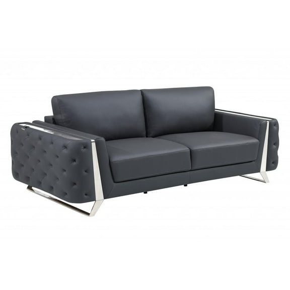 90" Dark Gray Italian Leather And Chrome Sofa