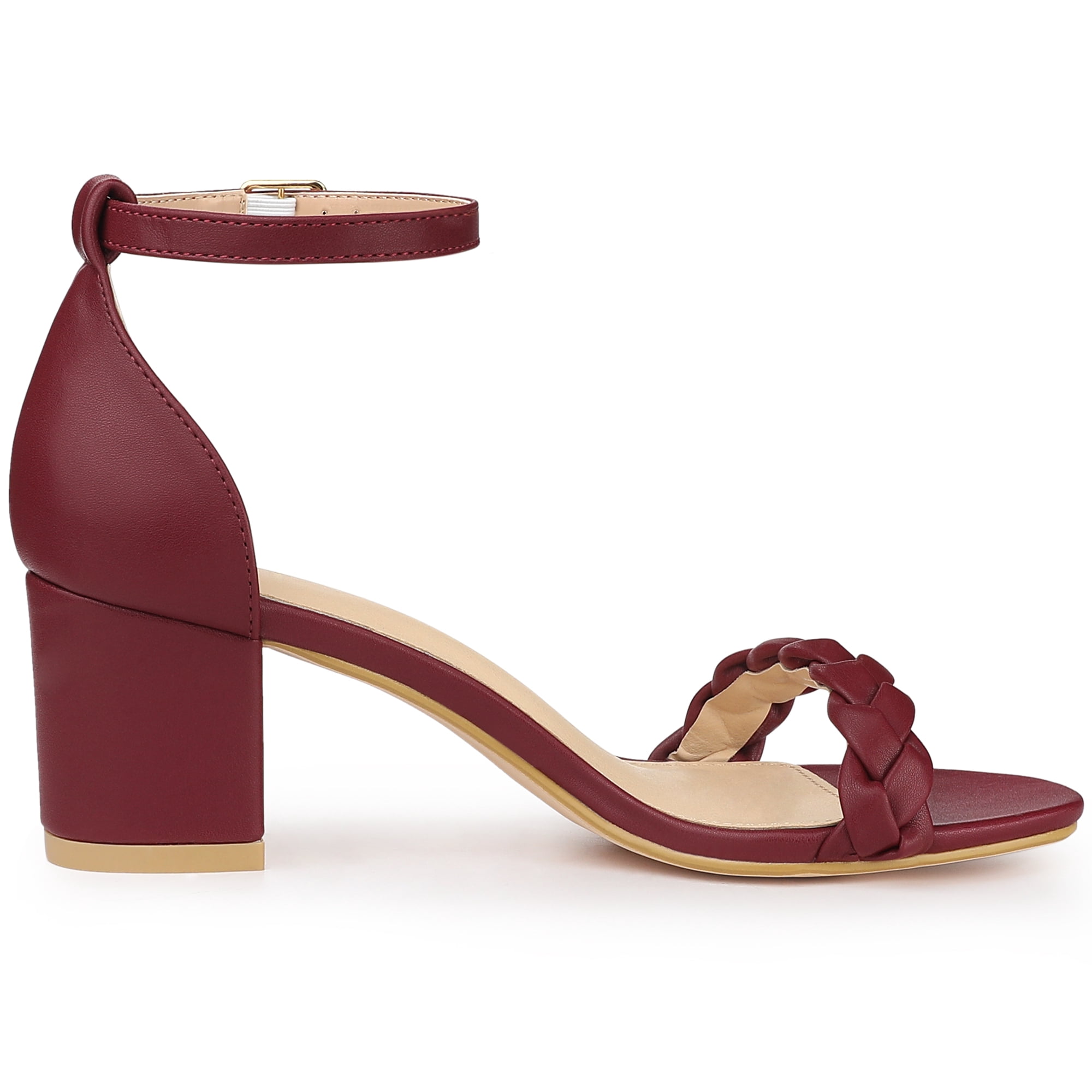 DARING DIVA Women's Chunky Heels Ankle Strap Braided Heel Black Sandals Burgundy 10