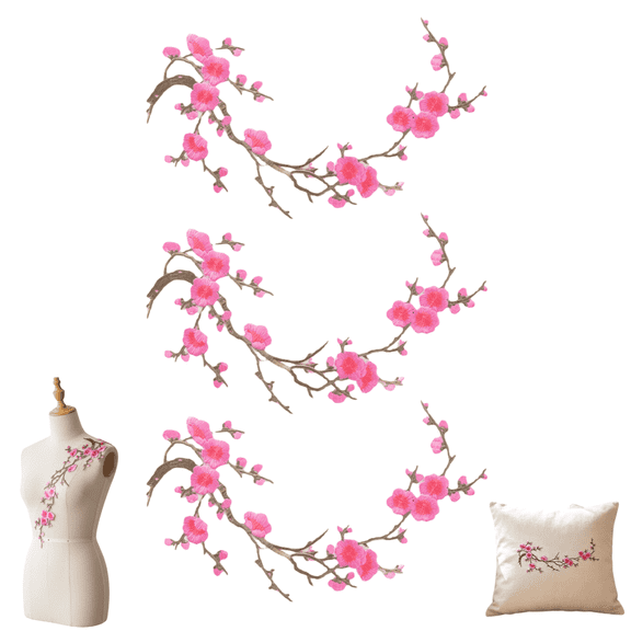 3 PCS Pink Vintage Plum Blossom Iron on Patch, Embroidery Flower Vines Sew on Patches, Appliques DIY Trim for Jeans Garment Cos, for Hats, Shirts, Shoes, Jeans, Bags