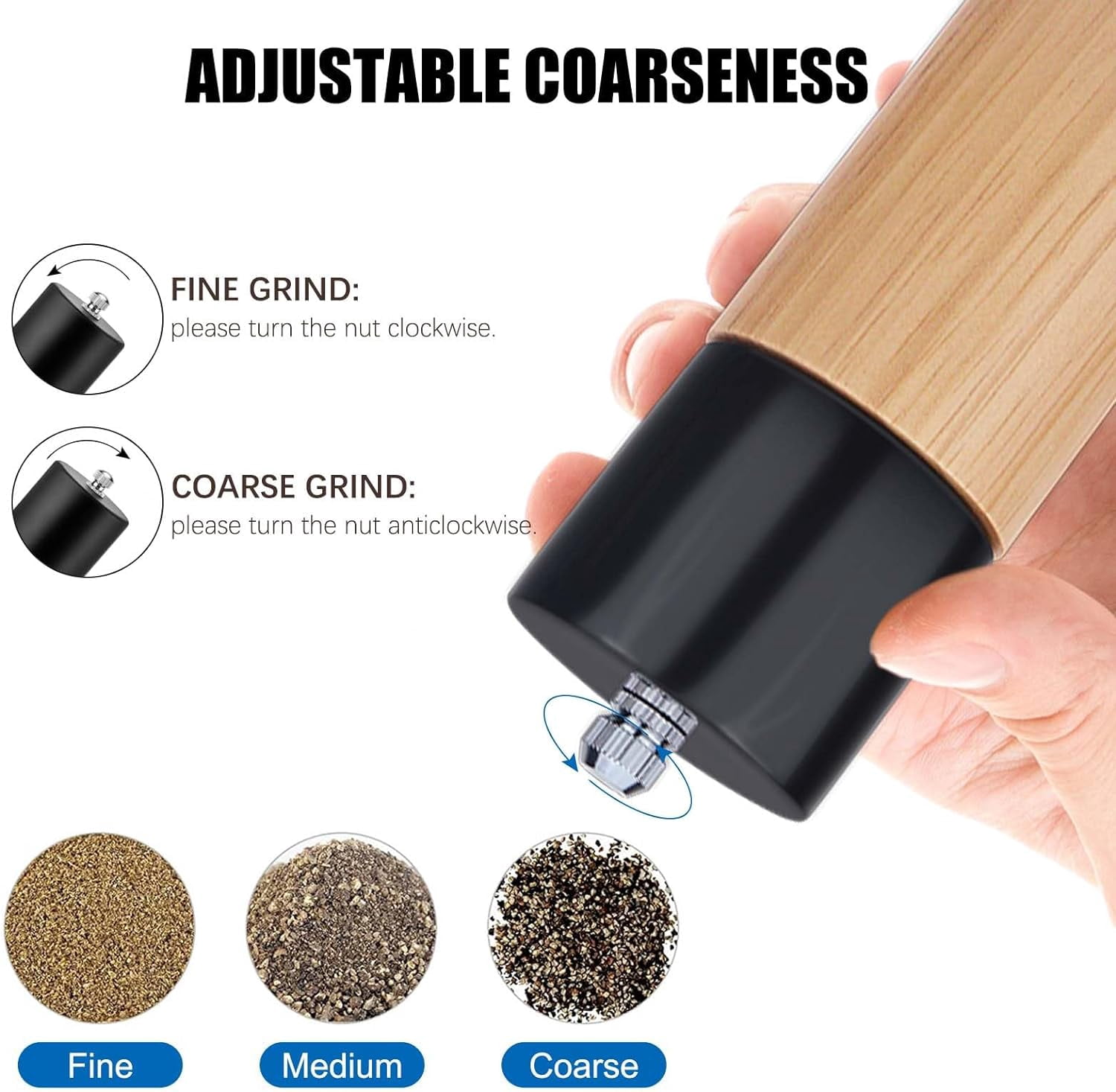2 Pack Salt and Pepper Mill Set, Wooden Pepper Grinder Salt Shaker with Adjustable Ceramic Rotor, Manual Pepper Mills Grinders Refillable for Spice/Chili/Sesame, (Black+White)