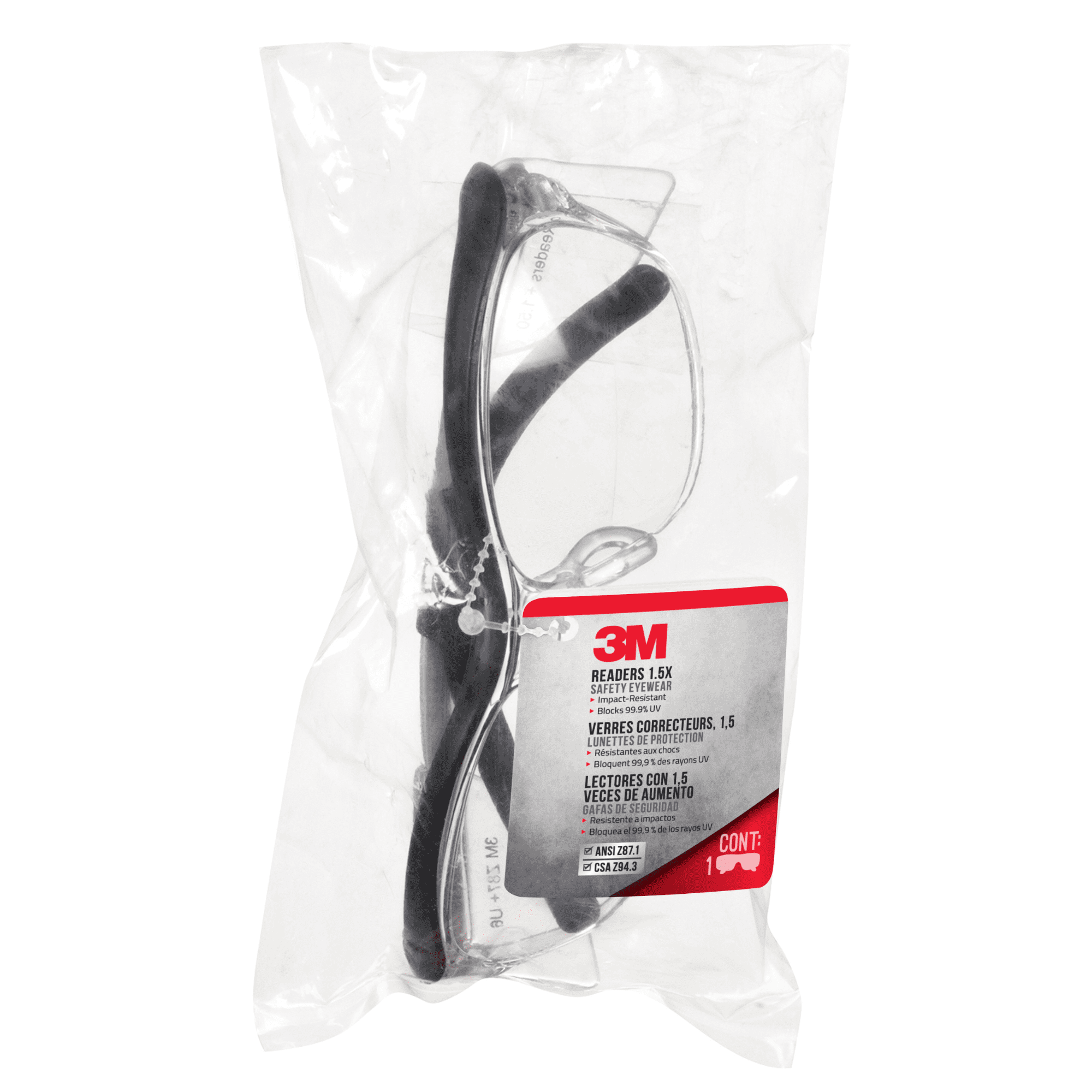 3M Readers Safety Glasses, 91191H1-C, +1.5 Blk Frm, Clr Lens