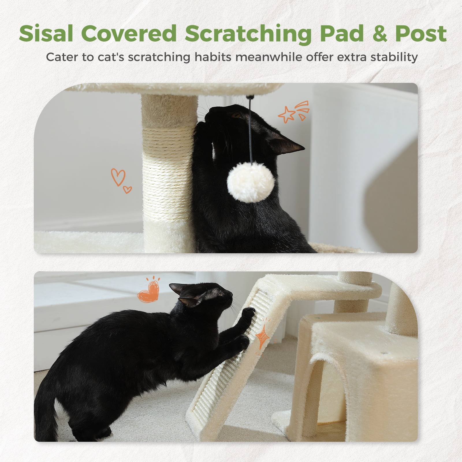 Pefilos 32" Cat Tree Tower, Cute Cat Condo with Sisal Scratching Ramp, Cozy Hammock and Removable Top Bed Perch for Indoor Kittens, Beige