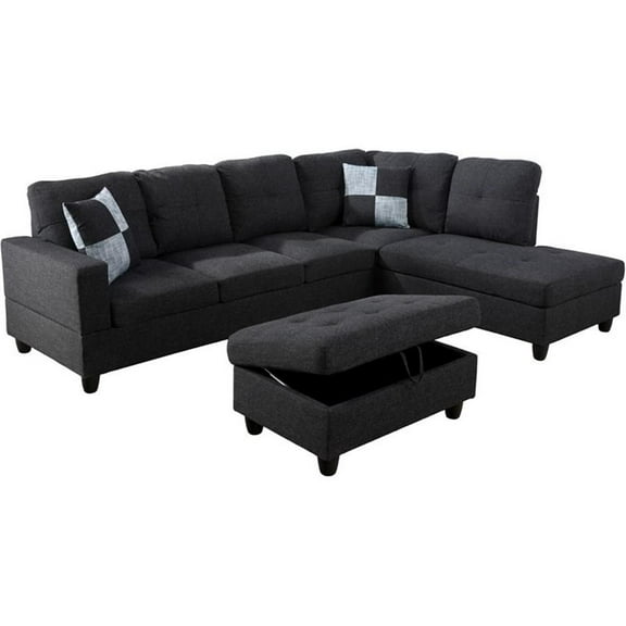 Pemberly Row Contemporary Right-Facing Sectional & Ottoman in Black/Gray