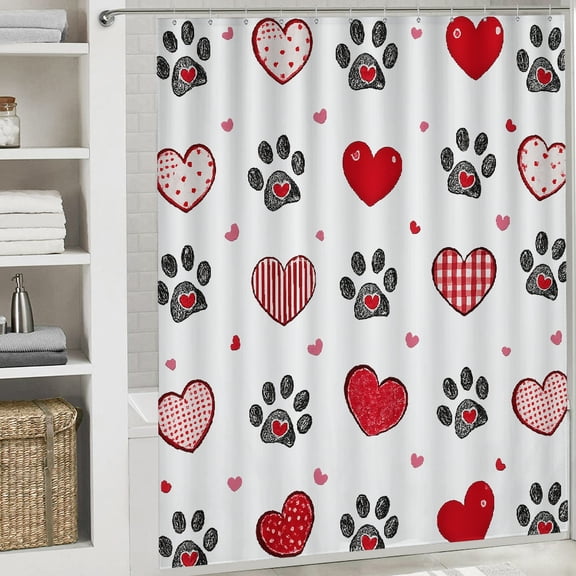 Cute Valentine's Day Shower Curtain Red Heart Valentines Heart Paw Print Sweet Love Romantic Couple beautiful pattern printed shower curtain Bathroom Shower Curtain Set with Hooks, 72x72in