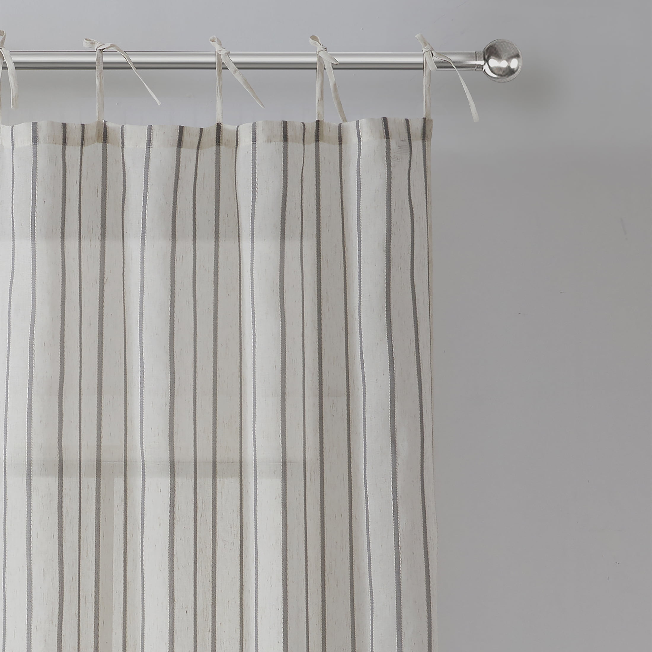 My Texas House Emerson Linen Stripe Light Filtering Tie Top Curtain Panel Pair, 76"x84", Grey