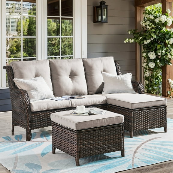 Bellefurn Outdoor Patio Sofa,Weather Resistant Wicker Patio 3-Seat Couch with Ottomans and Deep Seat Anti-Slip Cushion, Ideal for Porch, Poolside, Deck
