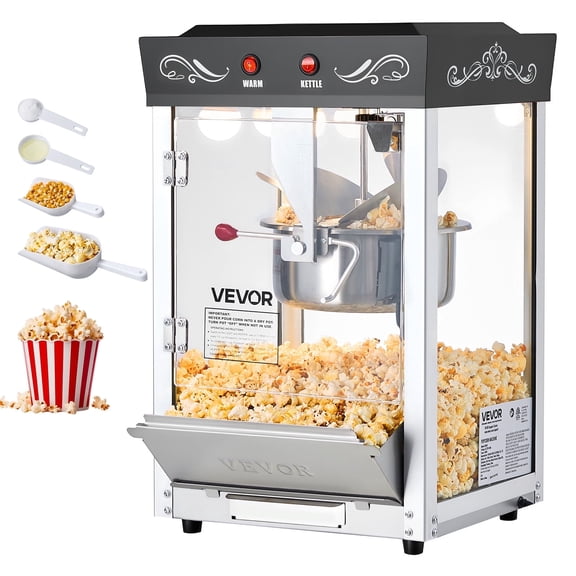 VEVOR Popcorn Machine, 8oz Stainless Steel Kettle, 800W Commercial Countertop Popcorn Maker, 48 Cups per Batch Theater Style Popper, with 2-Button Control Glass Wall PC Door 1 Scoop 3 Spoons, Black