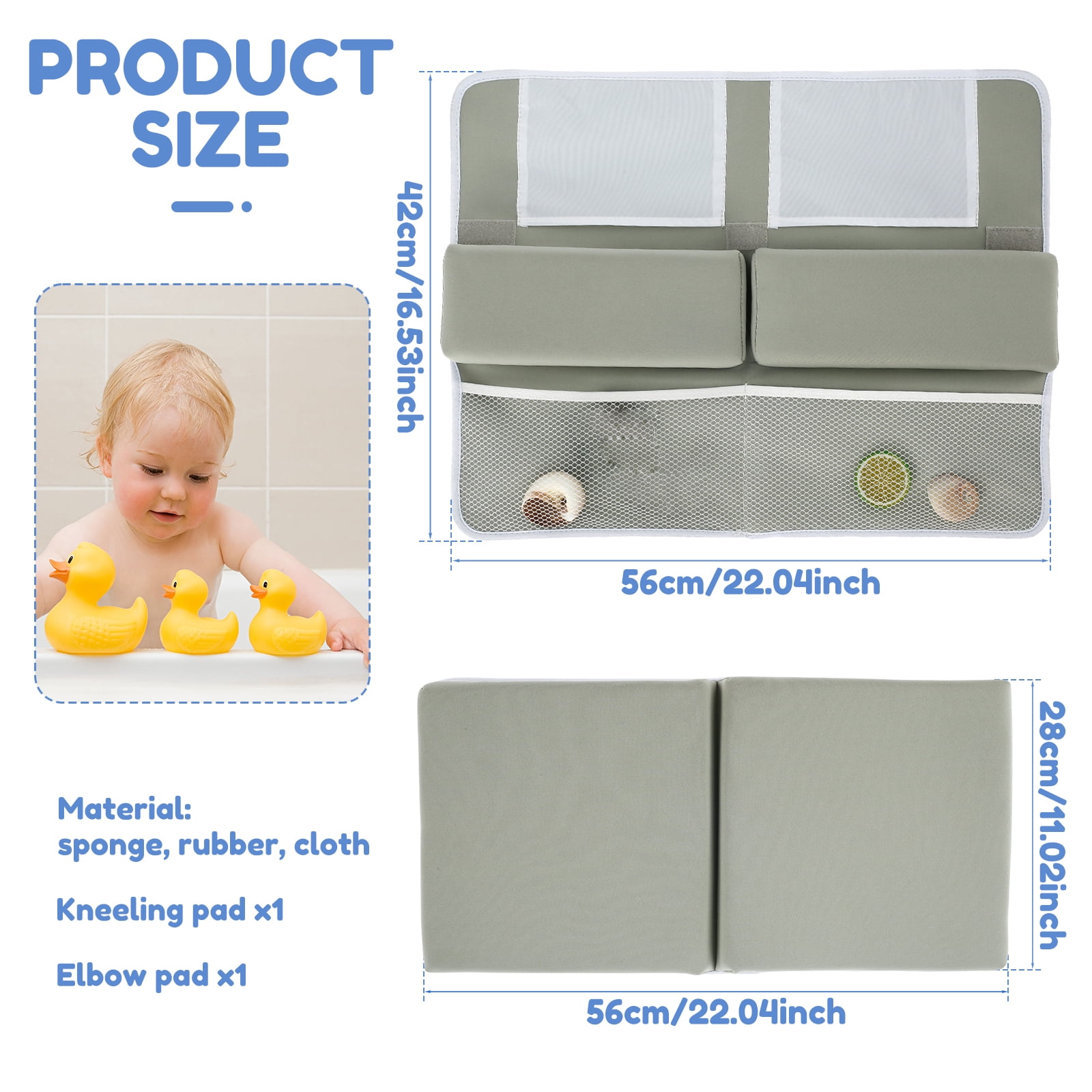 2Pcs Baby Bath Kneeler and and Elbow Rest Pad with 4 Bathtub Toy Organizer Gray