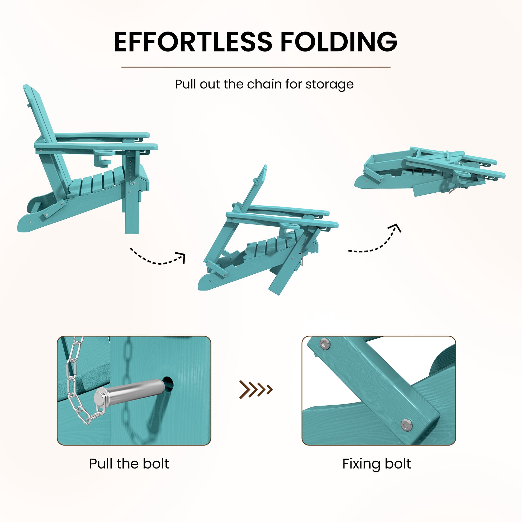 SERWALL Adjustable Folding HDPE Adirondack Chair Outdoor with Cup Holder, for Outdoor, Patio, Poolside, Garden, Aruba Blue