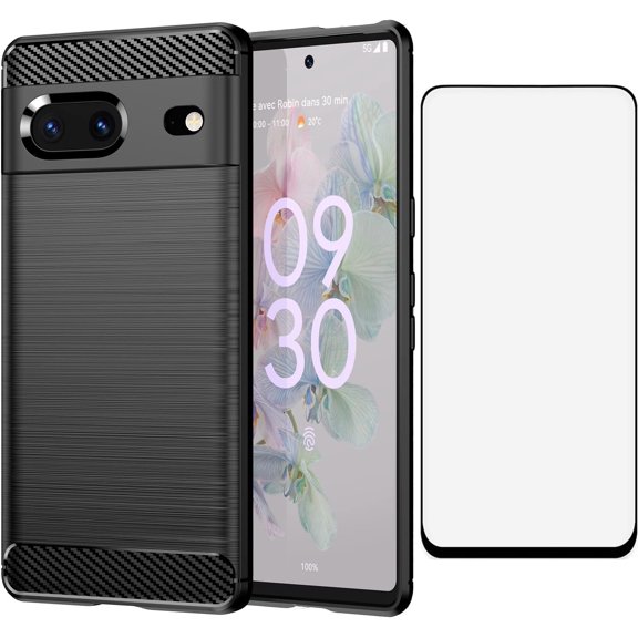 REQO Phone Case for Google Pixel 7 5G with Tempered Glass Screen Protector Cover and Cell Accessories Soft Slim Silicone Pixel7 Pixle Seven Pixel7case Protective Women Men Carbon Fiber Navy Black
