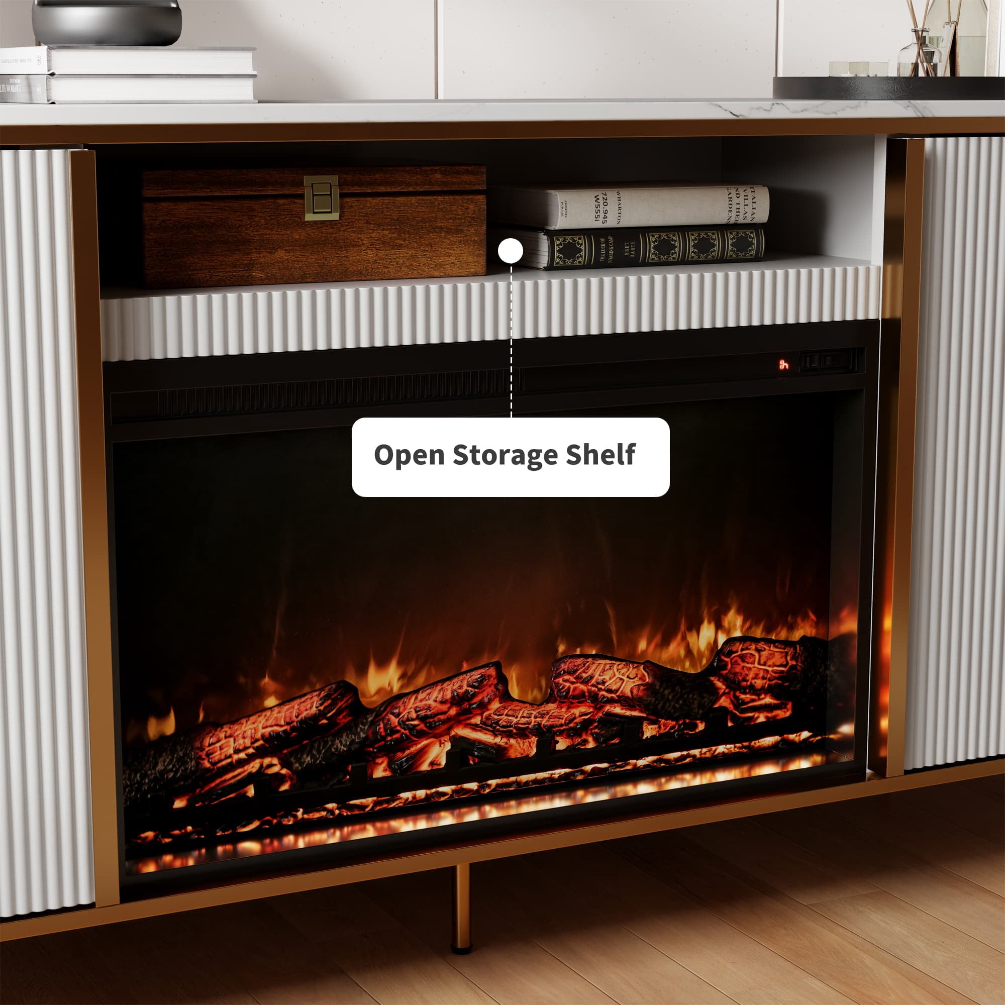 OKD 70" Fireplace TV Stand for TV up to 80", Modern Fluted Entertainment Center with Electric Fireplace, Media Console Table for Living Room - White