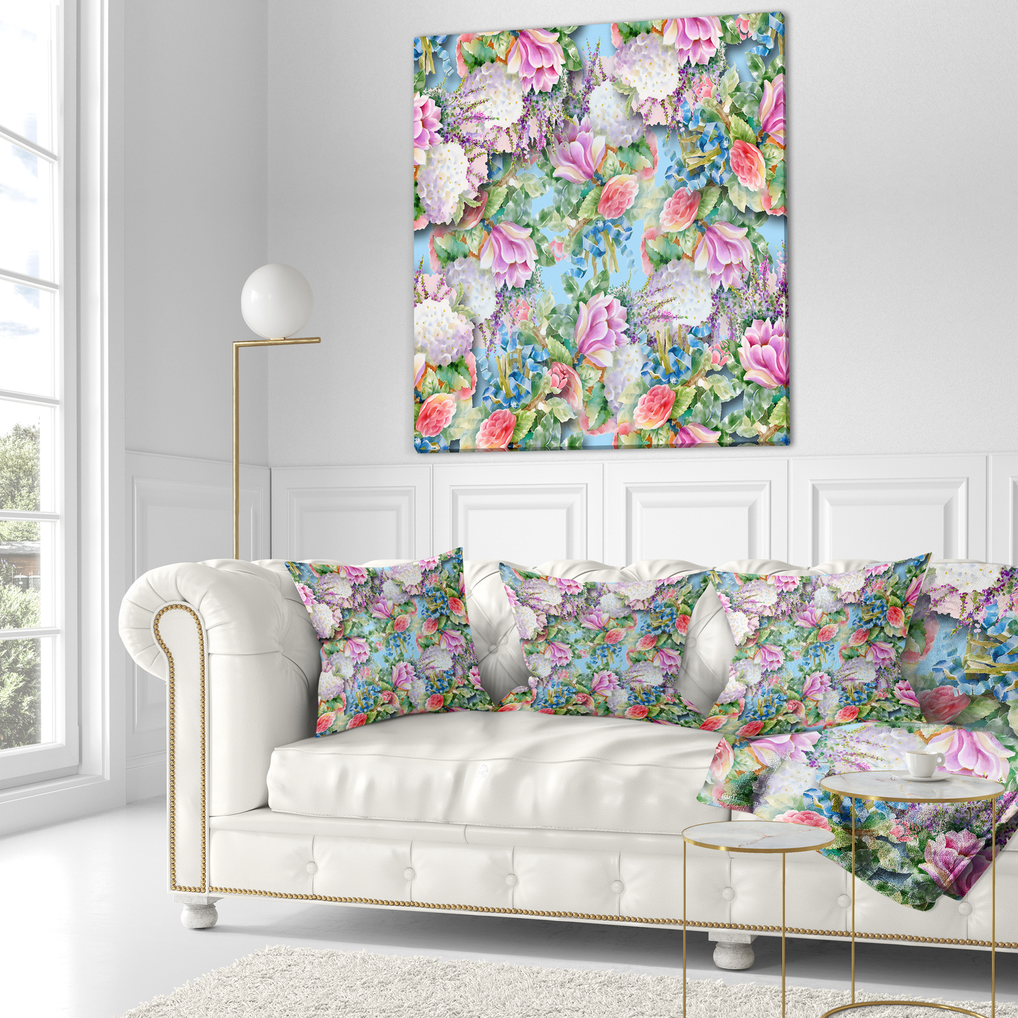 Designart Pink Flower Pattern on Blue - Floral Throw Pillow - 18x18