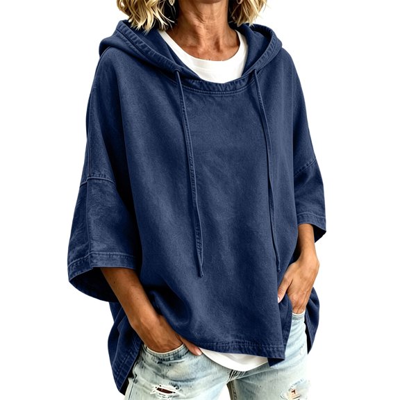 uublik Denim Sweatshirt for Women Navy Casual Long Sleeve Lightweight Hooded Pullover Tops