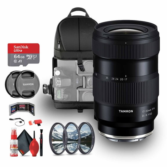 Tamron 17-50mm F/4 Di III VXD Lens for Sony E (A068) Bundle Including 64 GB Memory Card, 3-Piece Filter Kit, Backpack, Card Reader, Card Wallet, Full Cleaning Kit, Lens Caps