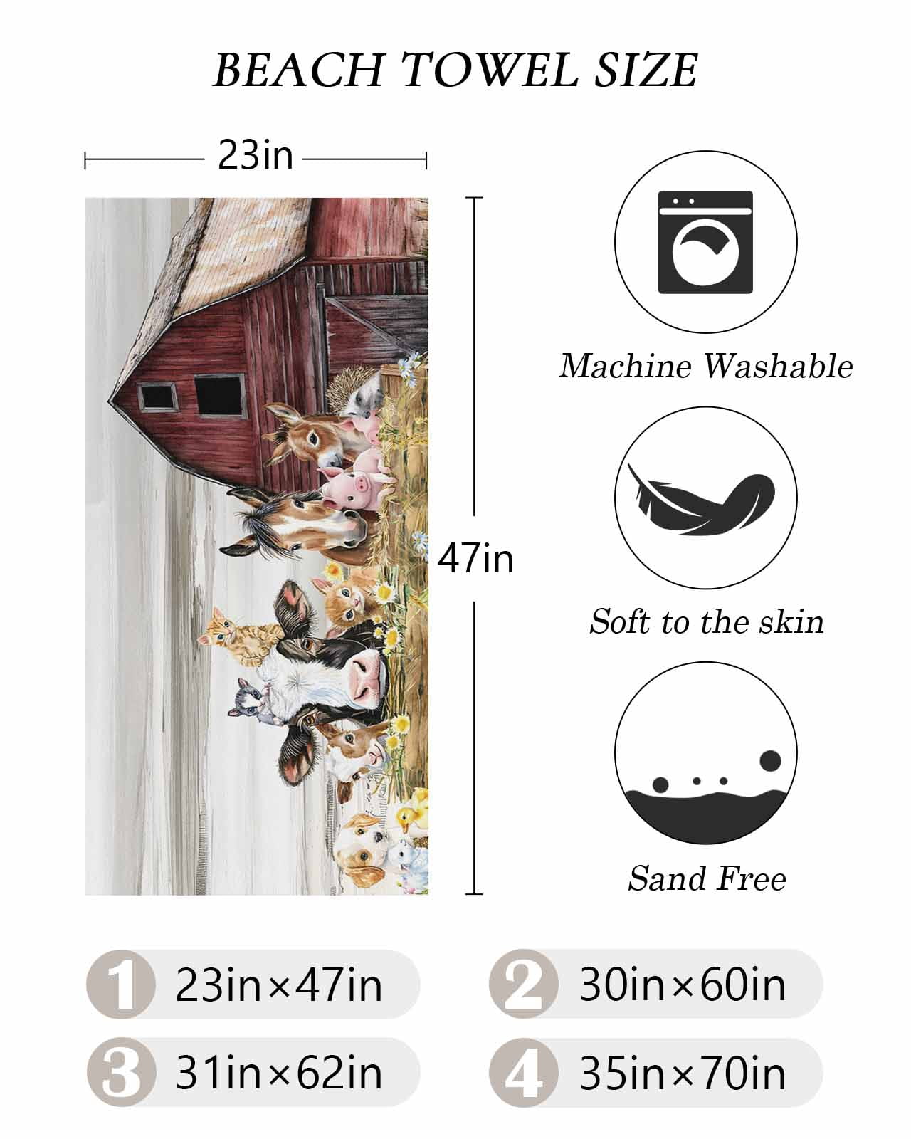 Farmhouse Animals Beach Towels Oversized Super Absorbent, Cow Pig in Fence Retro Wood Barn Lightweight Bath Towel Quick Dry Sets For Bathroom/Pool/Rv Camping/Beach Play/Gym Room/Picnic 30"x60"
